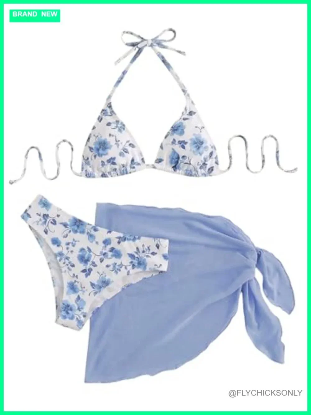 3 Piece Halter Triangle Bikini Set with Wrap Coverup Floral Polka Dot